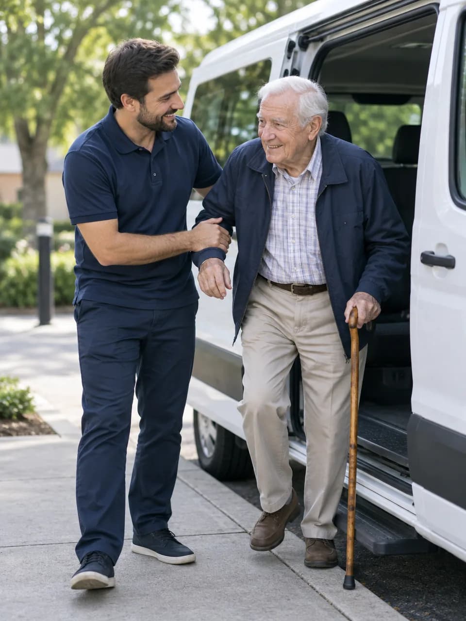 A transportation attendant in a navy polo offers his arm to a smiling older man with a cane stepping down from a van.