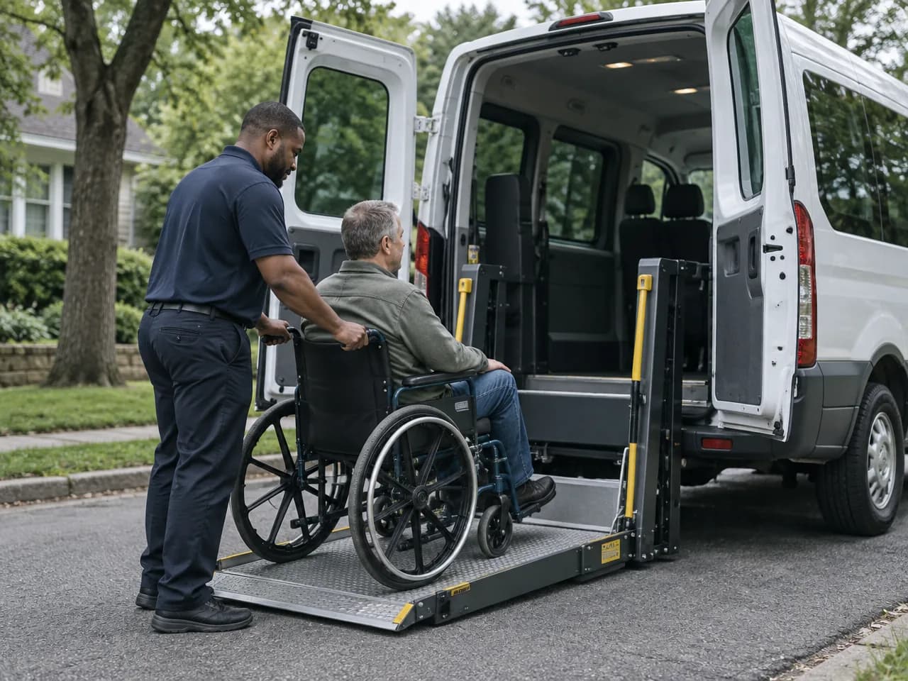 An attendant guides a man in a manual wheelchair onto the lift at the rear of an accessible van on a tree-lined street.